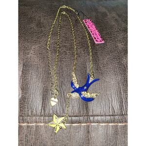 Betsey Johnson Crystal Rhinestone Enamel Bird Necklace With Star Adjustable New